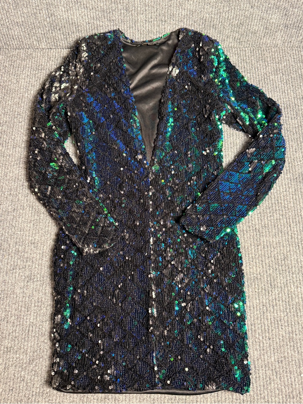 Lac Bleu Reversible Sequin Mini Dress - Blue Green Black - Size Medium